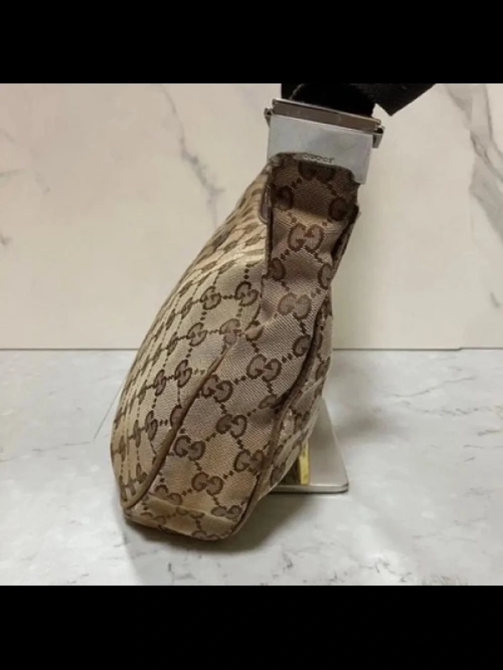 Gucci Brown Beige GG Canvas Hobo with Black Strap